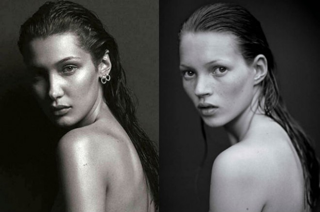 Bella Hadid Keyt Mossun çılpaq fotosesiyasını təkrarladı