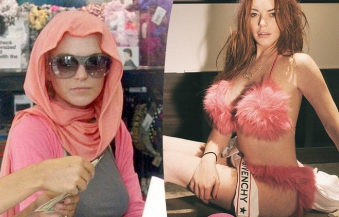 Lindsi Lohan baş örtüyünü çıxarıb alt paltarı geyindi