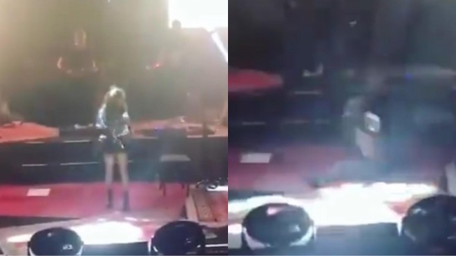 Müğənni konsert zamanı yıxıldı - video